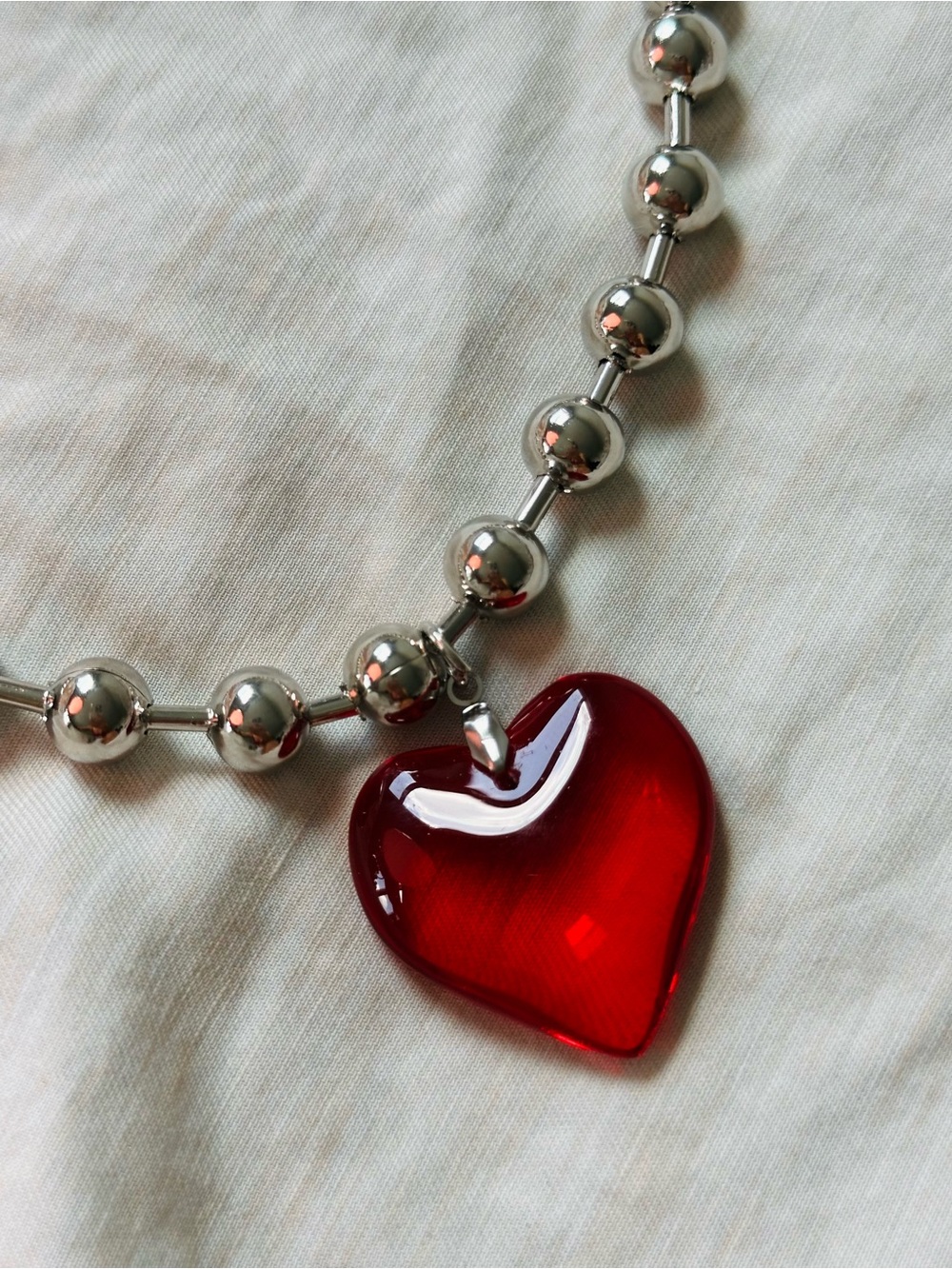 Silver Beaded Necklace with Red Heart Pendant